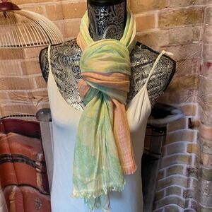 Linen blend lightweight striped‎ cream shawl scarf green orange striped floral